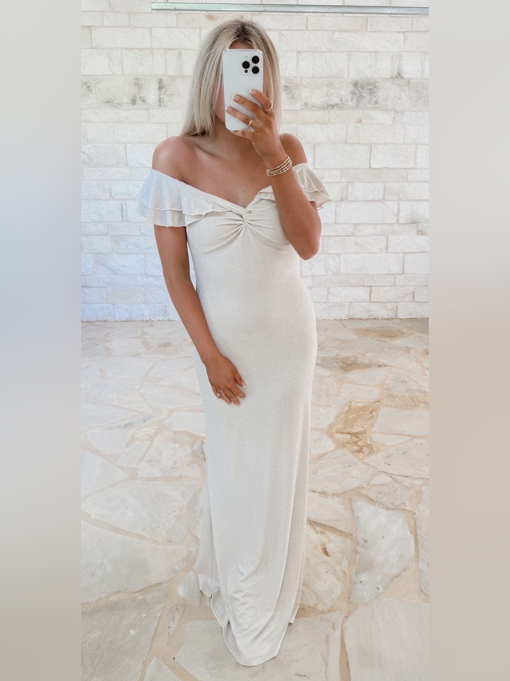 Blue Blush Cream One-Shoulder Ruffle Glitter Dress